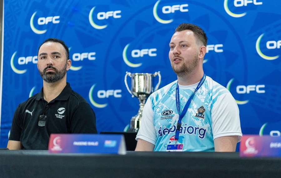 Michiel van der Werf (R) next to New Zealand manager Marvin Eakins during the post-game press conference of their game at the OFC Futsal Men's Cup 2025