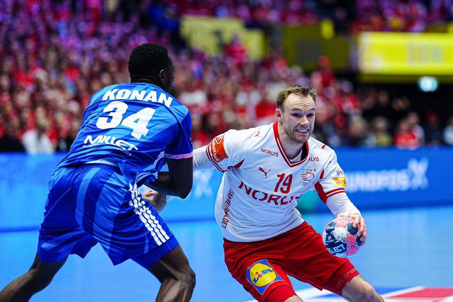 France's Karl Konan tries to stop Denmark's Mathias Gidsel France's Karl Konan tries to stop Denmark's Mathias Gidsel