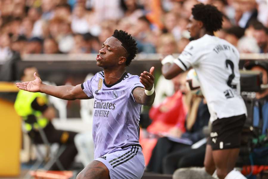 Real Madrid's Brazilian forward Vinicius Junior reacts during the Spanish league football match between Valencia CF and Real Madrid