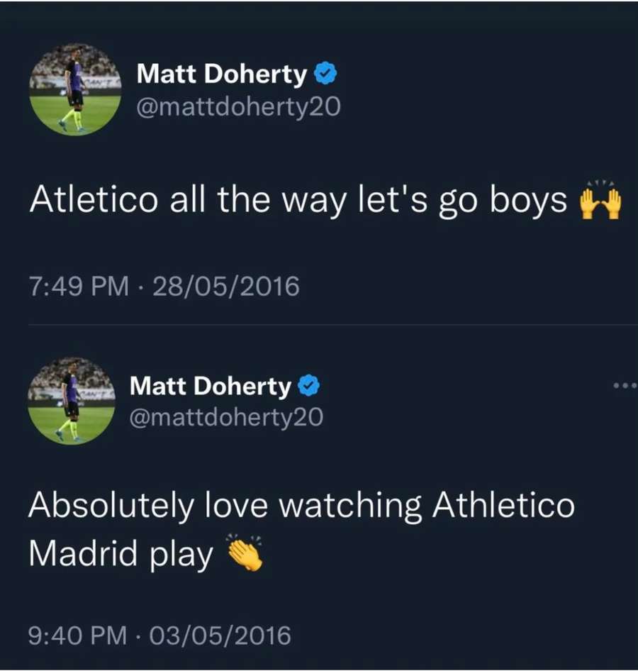 Los tweets de Doherty elogiando al Atlético