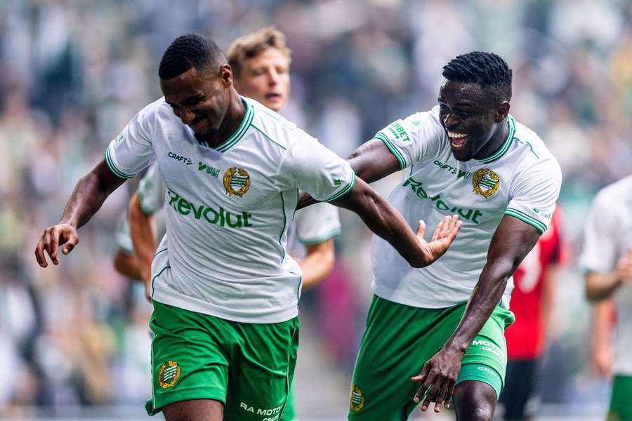 Paulos Abraham (left) after breaking the deadlock for Hammarby Paulos Abraham (left) after breaking the deadlock for Hammarby