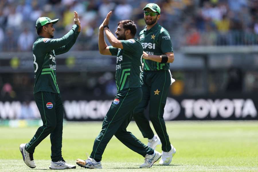 Haris Rauf of Pakistan celebrates the wicket of Glenn Maxwell in Perth