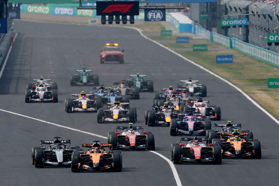 General view as Mercedes' George Russell and McLaren's Oscar Piastri lead at the start of the Japanese Grand Prix