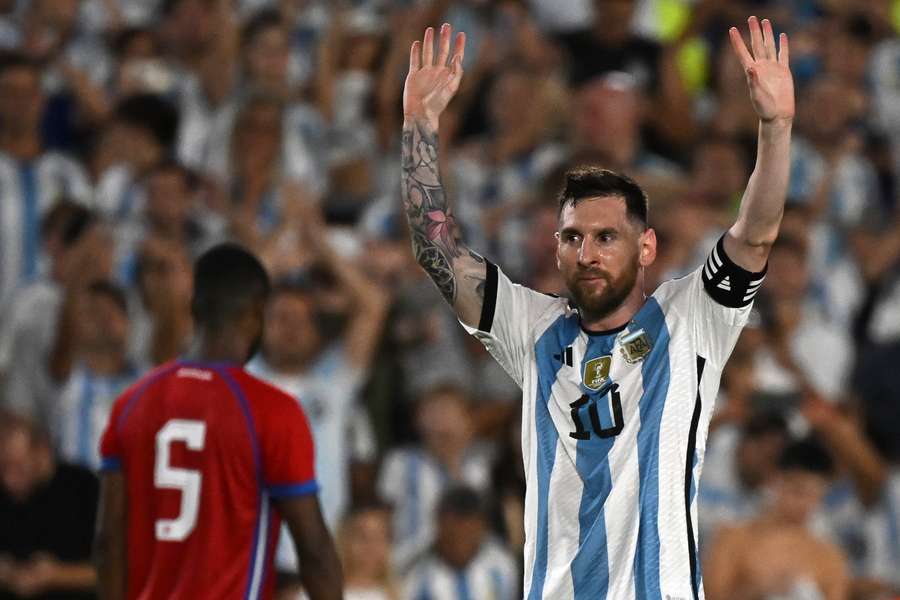 Argentina's forward Lionel Messi celebrates after scoring