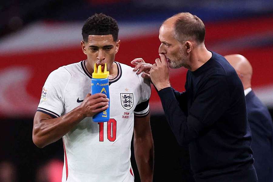 England manager Thomas Tuchel gives instructions to Jude Bellingham against Spain on Saturday