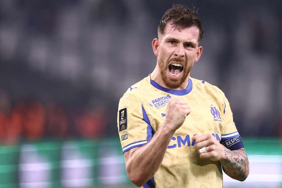 Marseille's Pierre-Emile Hojbjerg celebrates scoring his team's second goal Marseille's Pierre-Emile Hojbjerg celebrates scoring his team's second goal