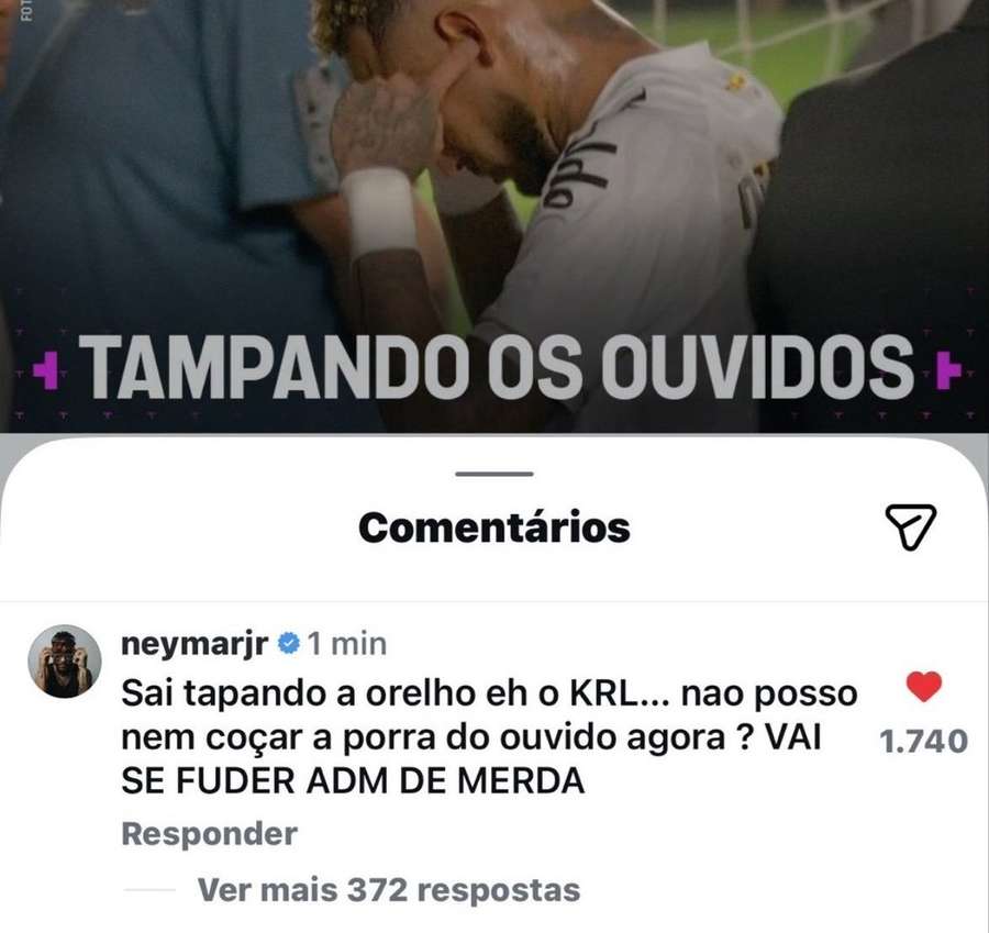 Neymar rebateu postagem da TNT Sports