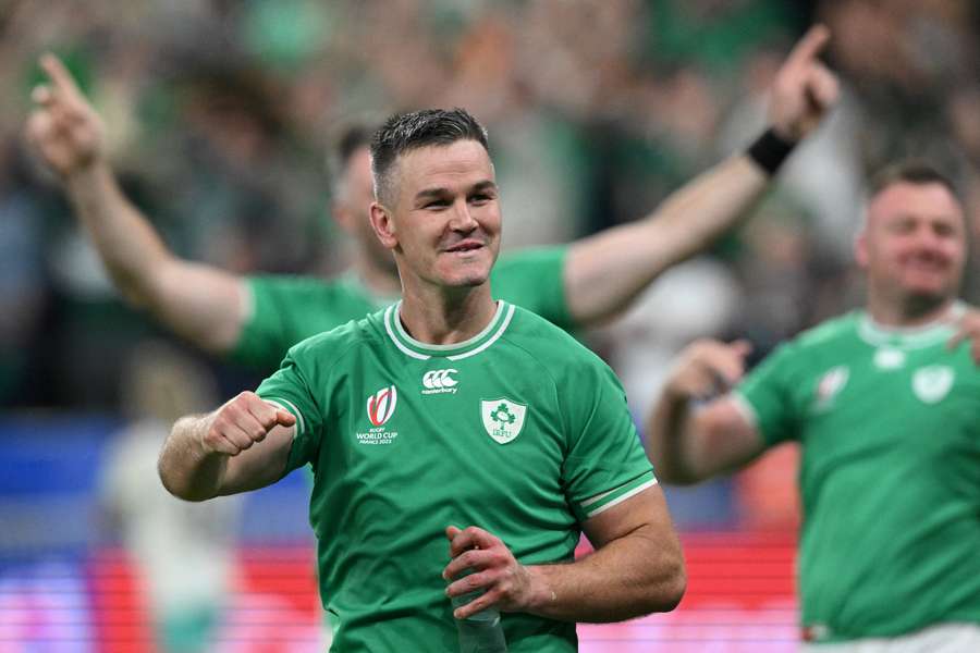 Ireland's fly-half Jonathan Sexton celebrates at the end of the France 2023 Rugby World Cup Pool B match between South Africa and Ireland