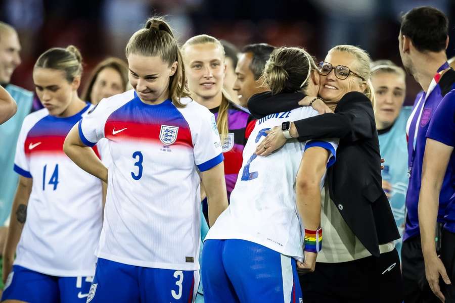 England's Women celebrate their qualification for the semi-finals of the Women's European Championship