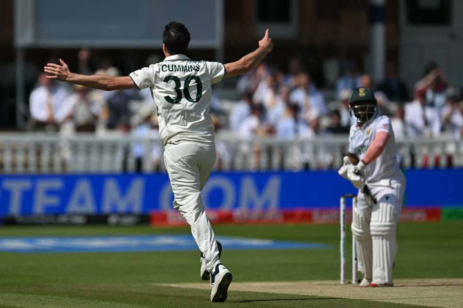 Pat Cummins celebrates the wicket of Temba Bavuma during the 2025 World Test Championship final.