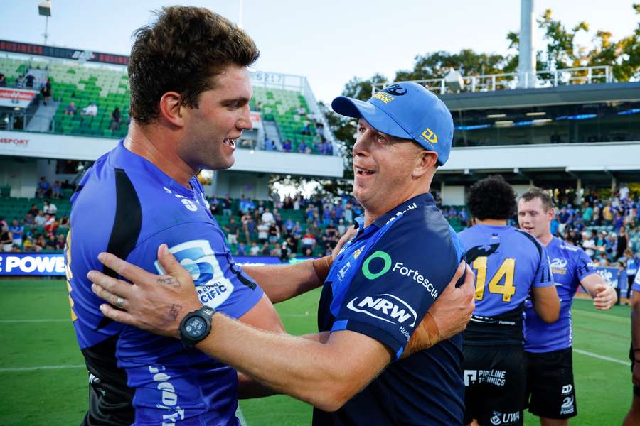 Cron celebrates the Western Force's 45-42 win over ACT Brumbies at the weekend.