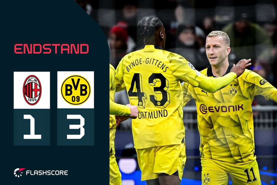 Marco Reus und Jamie Bynoe-Gittens bejubeln den Dortmunder Erfolg in Mailand.