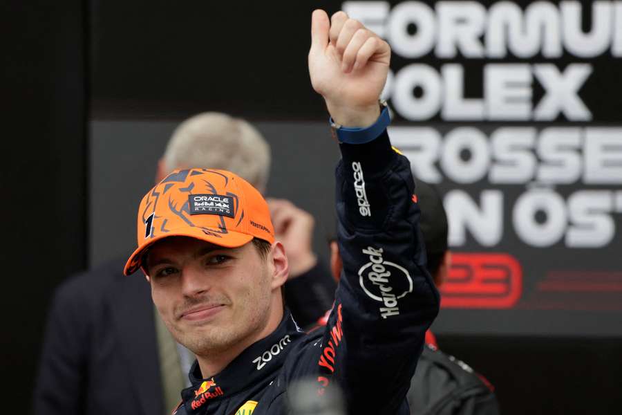 Max Verstappen celebrates after winning the sprint race