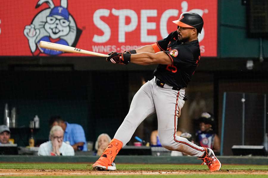 Baltimore Orioles outfielder Anthony Santander hits a three-run home run during the seventh inning against the Texas Rangers