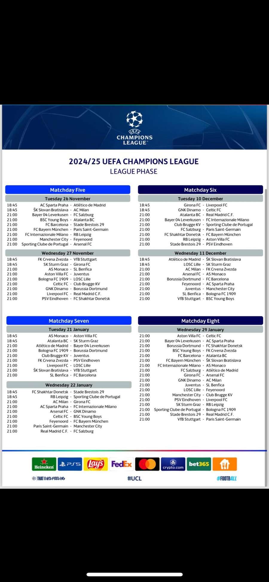 Calendrier des 4 dernières journées