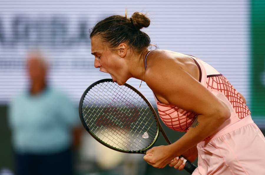 Aryna Sabalenka roars in delight during her match against Sloane Stephens