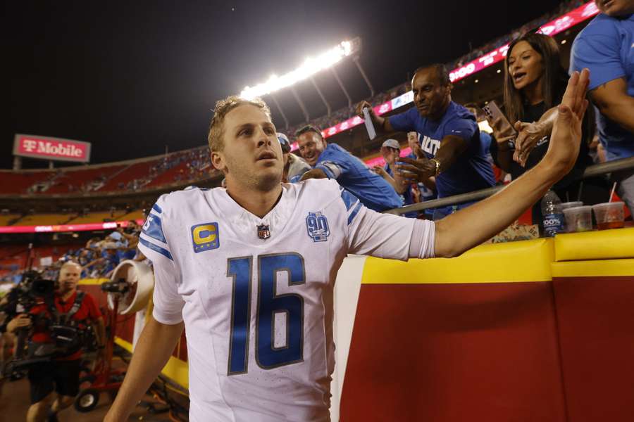Jared Goff of the Detroit Lions celebrates their 21-20 win over the Kansas City Chiefs