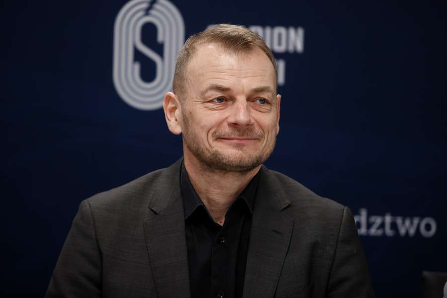 Bogdan Zając podczas konferencji prasowej w Chorzowie, 13 bm. Spotkanie dotyczyło meczu piłkarskich legend Polski i Brazylii.