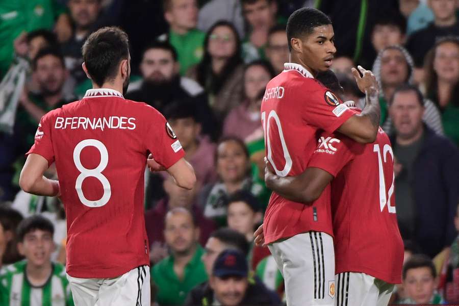 Marcus Rashford celebrates scoring the opening goal against Betis