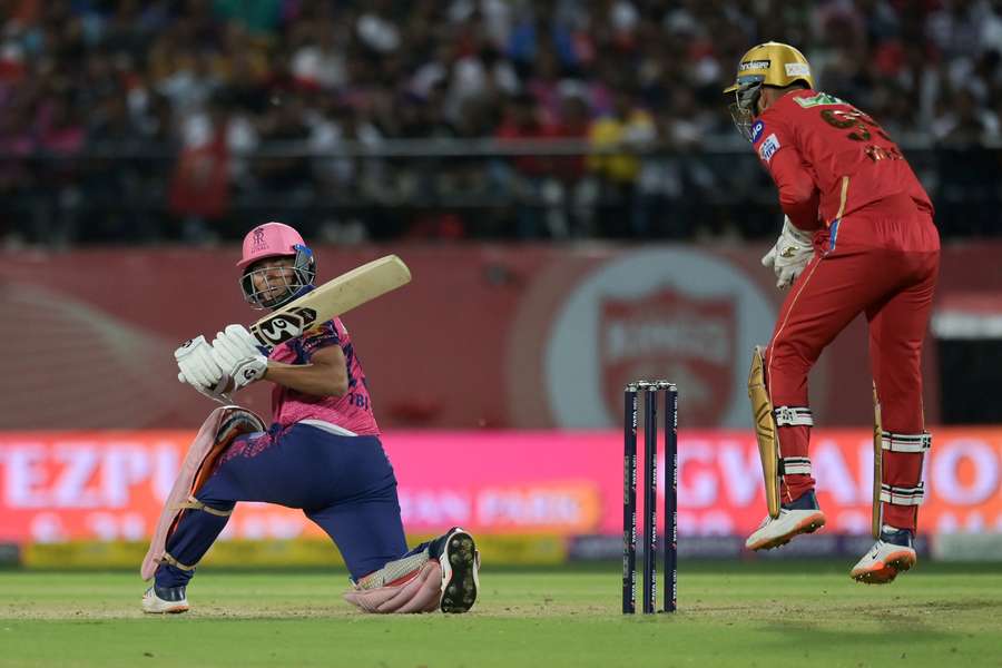 Rajasthan Royals' Yashasvi Jaiswal (L) plays a shot