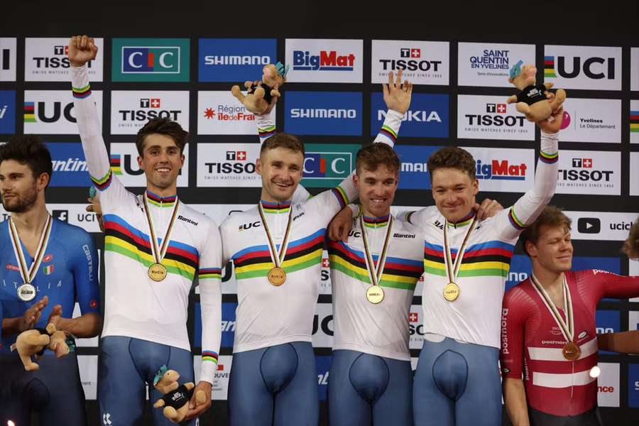 Great Britain's Dan Bigham coached Fillipo Ganna, far left, to the hour record last week only to beat him to the world title five days later