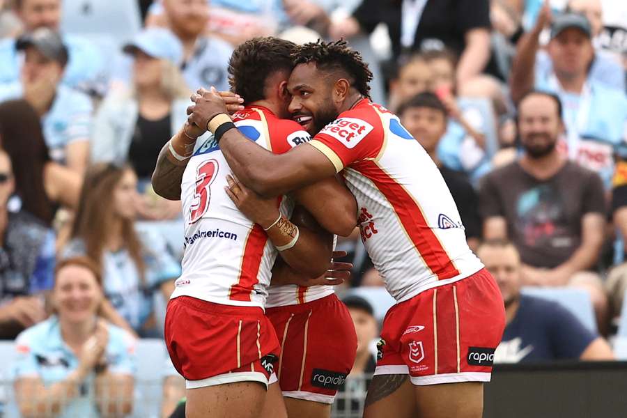 Jake Averillo celebrates a try during the Dolphins' 38-10 win over Cronulla.