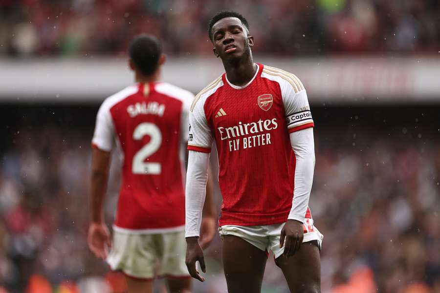 Útočník Arsenalu Eddie Nketiah reaguje na koniec zápasu Premier League proti Fulhamu