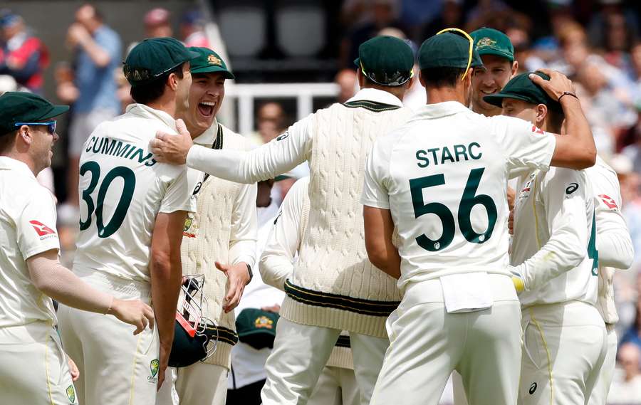 Australia celebrate the wicket of England's Jonny Bairstow (unseen) for 10 runs on day five of the second Ashes cricket Test