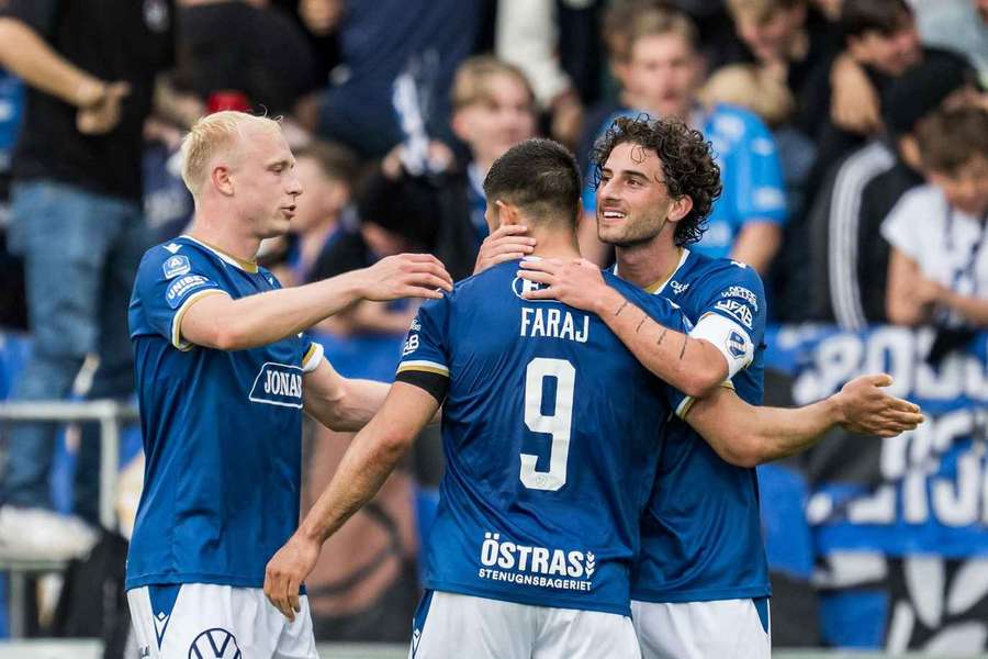 Halmstad celebrate their opener from Rocco Ascone (right)