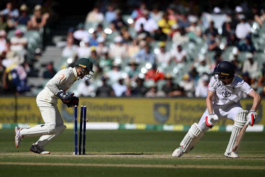 Alex Carey stumps Zak Crawley in Adelaide last week.
