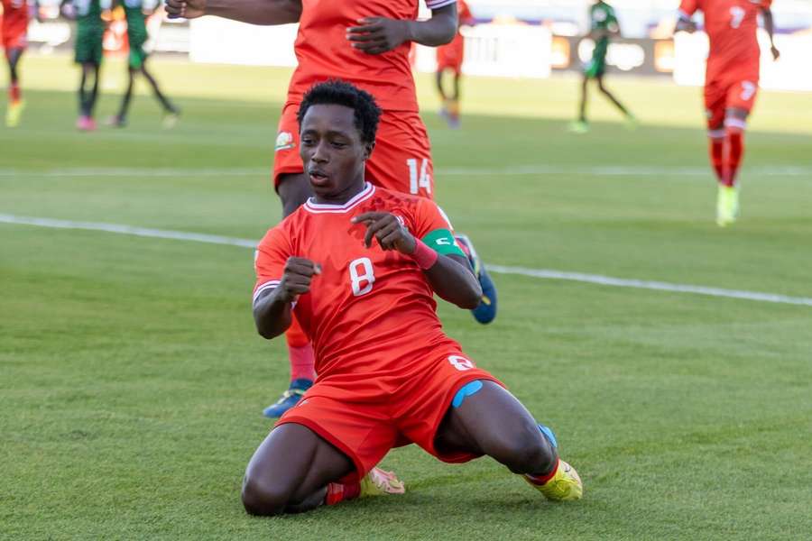 Kevin Wanganya celebrates his goal for Kenya