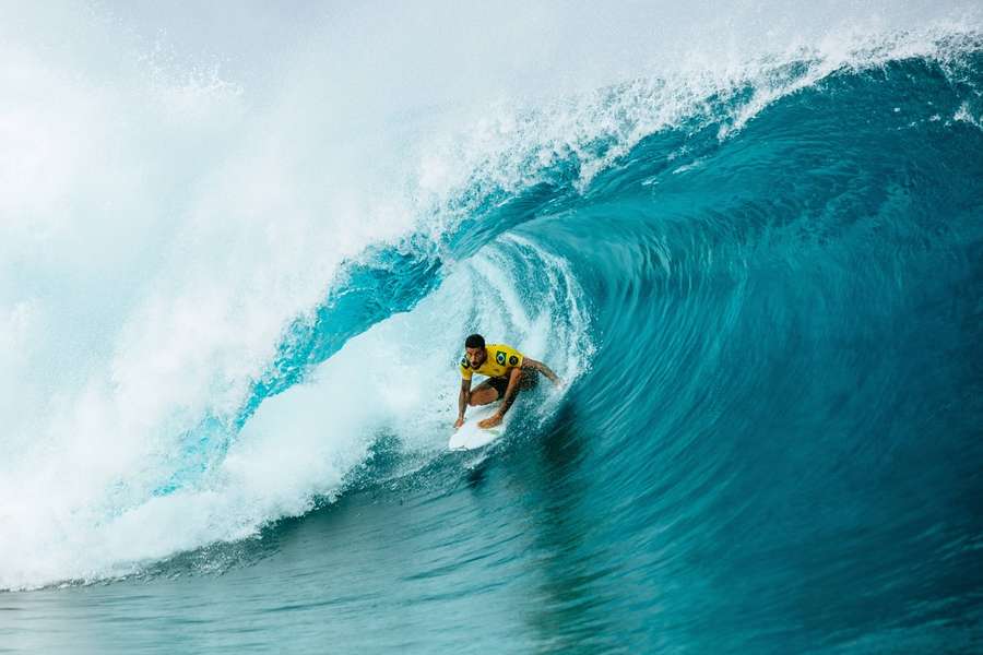Filipe Toledo surfing at the Tahiti Pro in August 2022