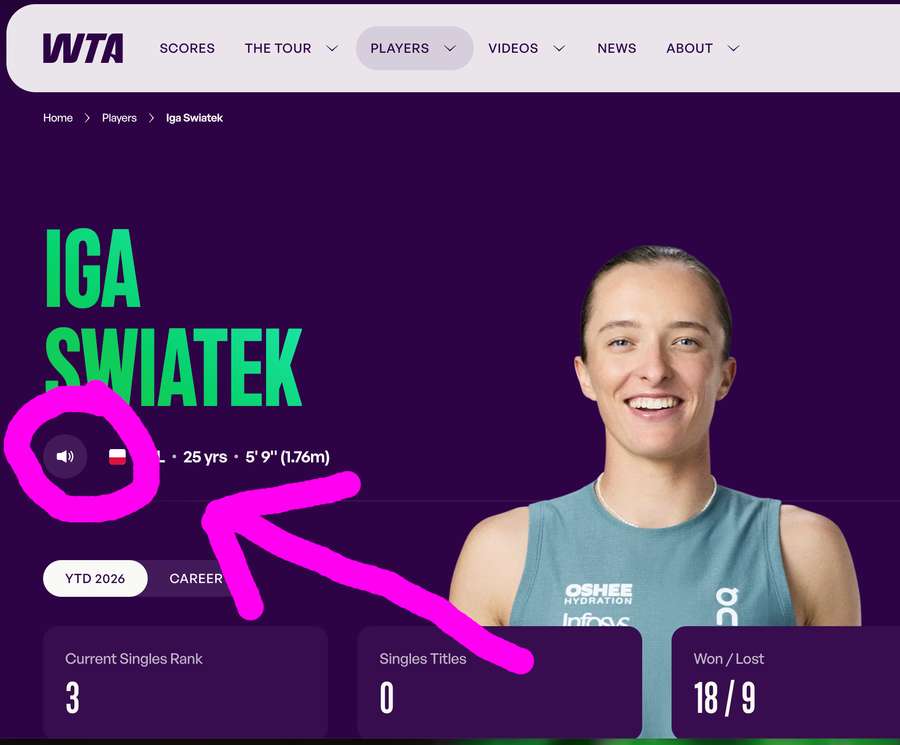 Onde achar o botão com a pronúncia dos nomes da WTA