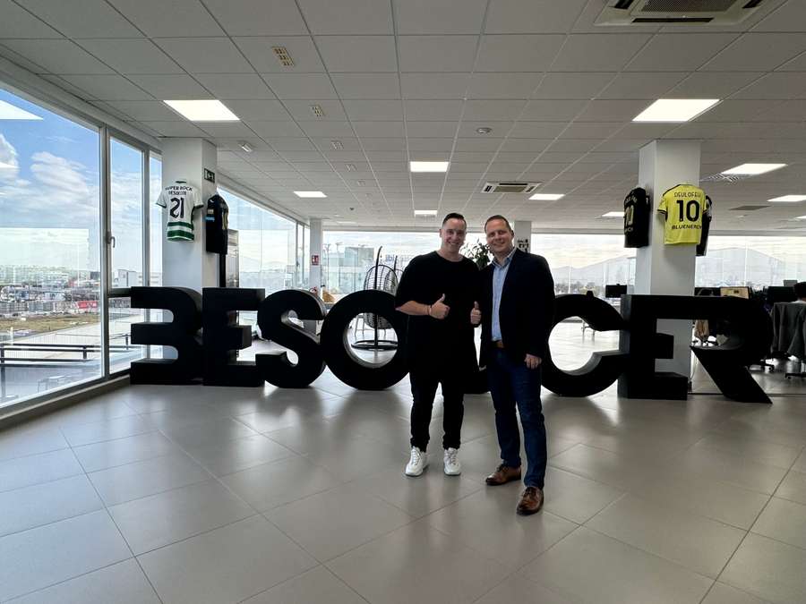 Manu Heredia, left, and Patrik Dzurenda, right, at the BeSoccer offices