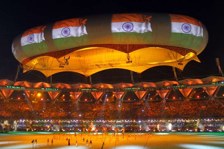 The Indian national flag is projected onto a balloon during the Commonwealth Games closing ceremony