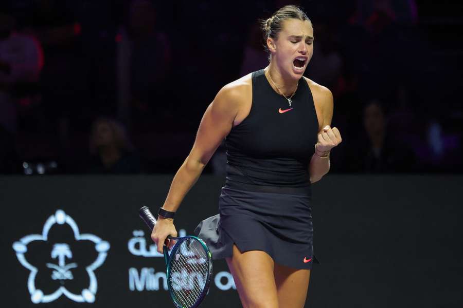 Belarus' Aryna Sabalenka reacts after a point against Italy's Jasmine Paolini