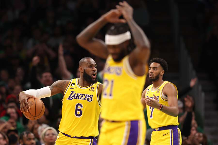 LeBron James #6 of the Los Angeles Lakers disputes a foul during the fourth quarter against the Boston Celtics