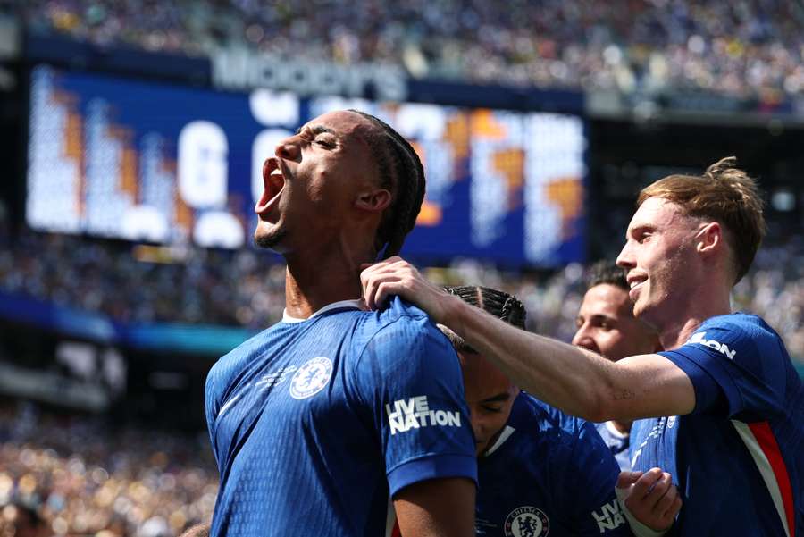 Joao Pedro celebrates scoring Chelsea's third goal against PSG shortly before half-time