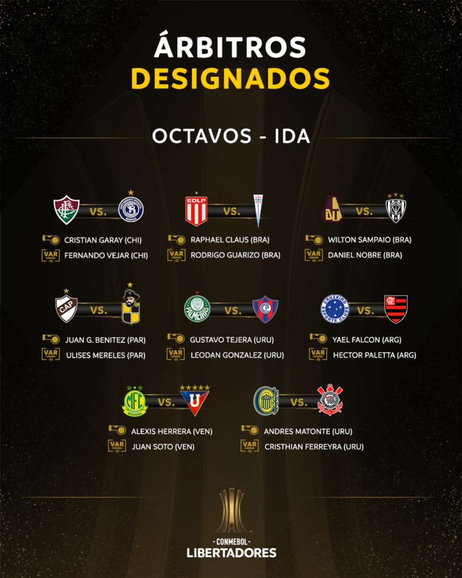 Os árbitros escalados pela Conmebol para a ida das oitavas da Libertadores Os árbitros escalados pela Conmebol para a ida das oitavas da Libertadores