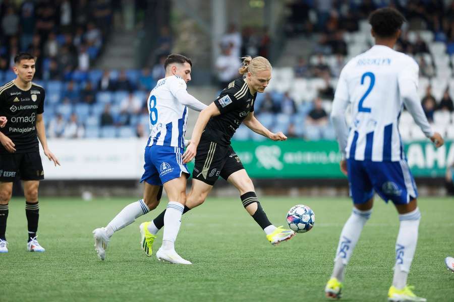 Kasper Paananen (in possession) scored the only goal in SJK's win over HJK