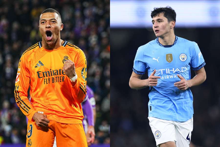 Kylian Mbappe (Real Madrid) și Abdukodir Khusanov (Manchester City)