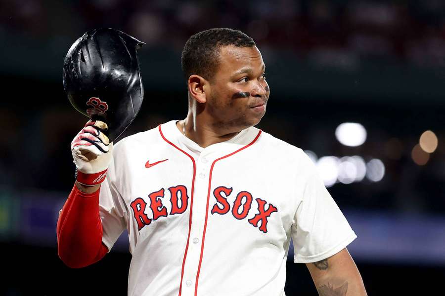 Rafael Devers reacts after his at-bat against the Los Angeles Angels