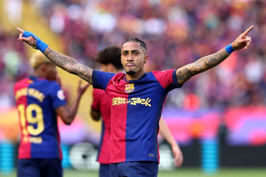 Raphinha celebrates a goal for Barcelona