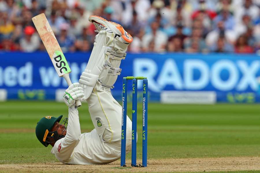 Australia's Usman Khawaja takes evasive action to a short ball from England's Stuart Broad on day three