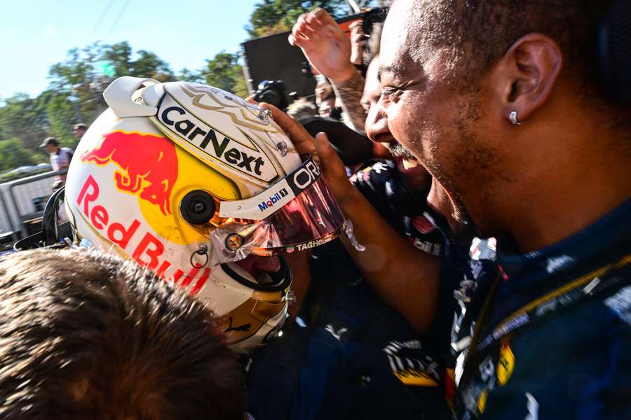 Red Bull Racing's Dutch driver Max Verstappen celebrates after winning the Italian Formula One Grand Prix