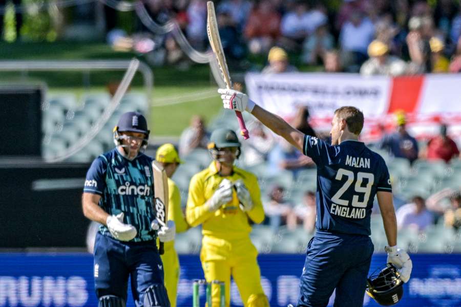 England's Dawid Malan celebrates reaching his century against Australia in Adelaide