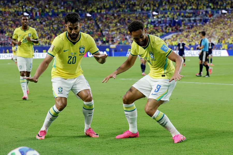 Matheus Cunha dances after scoring his third goal of the tournament.
