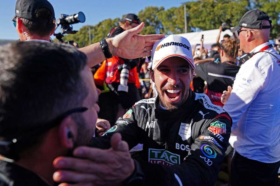 Tag Heuer Porsche Formula E Team's Antonio Felix Da Costa celebrates after winning the Cape Town ePrix