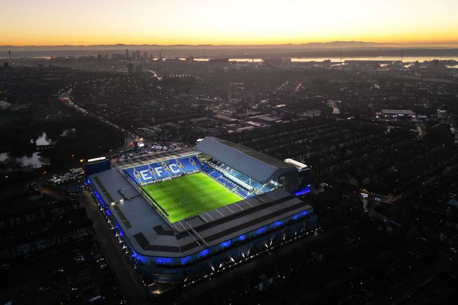 An aerial view shows Everton's stadium Goodison Park with their new ground at Bramley-Moore Dock (top centre-right)