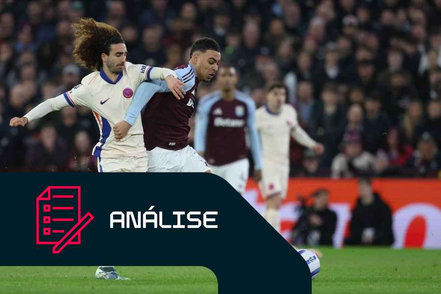 Marc Cucurella, do Chelsea, e Morgan Rogers, do Aston Villa, disputam a bola